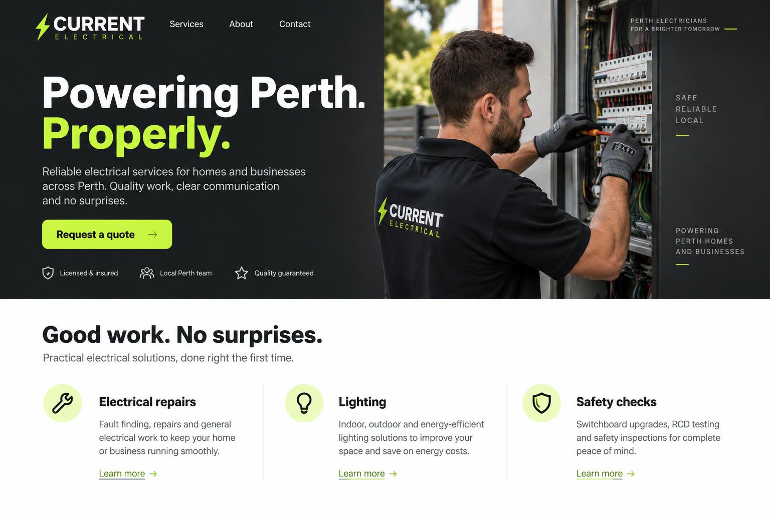 Illustrative demo website screenshot for Current Electrical, not a live website capture