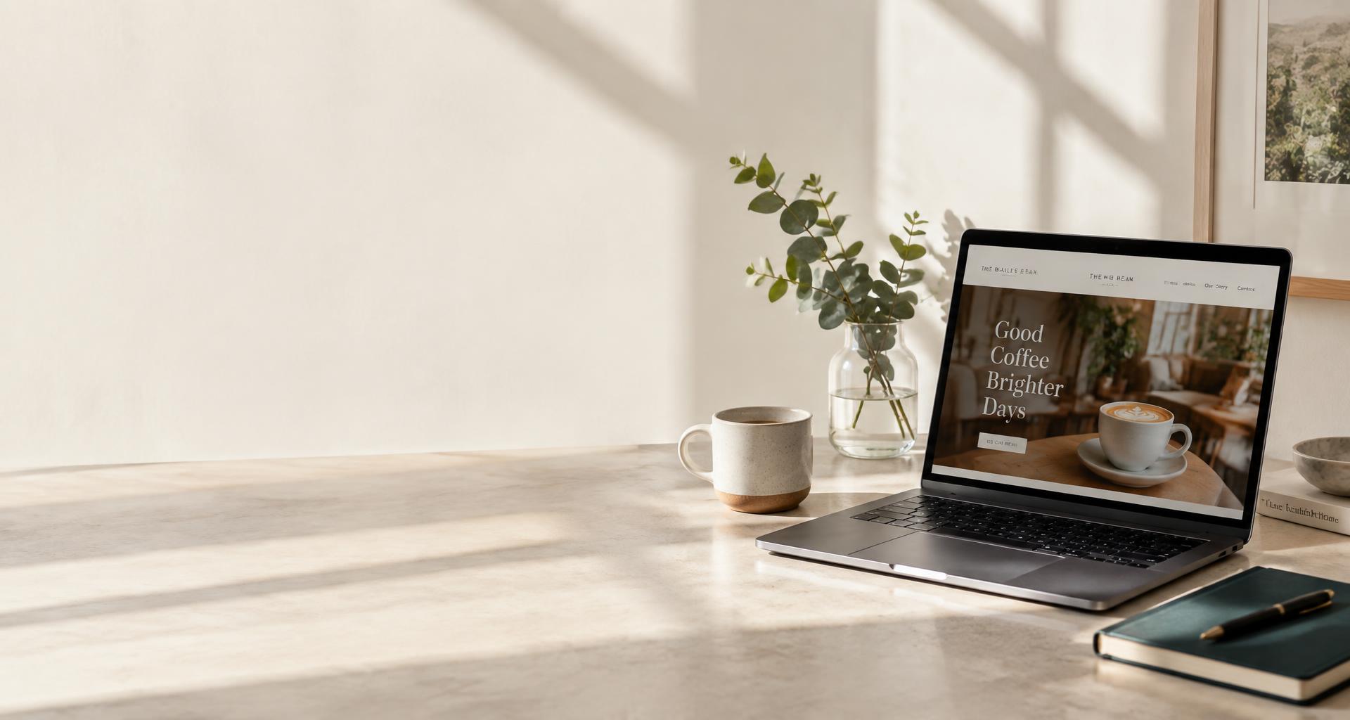 A thoughtfully designed café website on a laptop in a sunlit studio